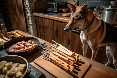 dog chef preparing meal of salmon skewers, brookies and homemade peanut butter, created with generative aiの素材
