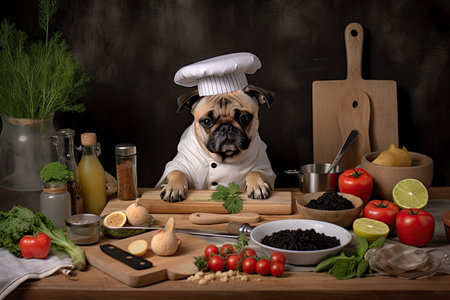 dog chef, with ingredients and tools laid out, preparing healthy and nutritious meal for furry friend, created with generative aiの素材