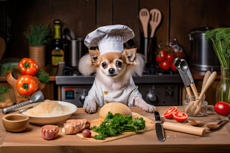 dog chef preparing tasty treats for dogs, filled with healthy ingredients and flavors, created with generative aiの素材