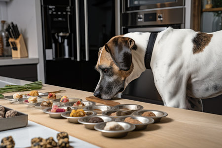 dog chef preparing tasty treats for dogs, filled with healthy ingredients and flavors, created with generative aiの素材