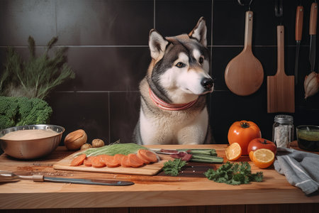 dog chef, with paws resting on board, preparing gourmet meal of fish fillet and vegetables, created with generative aiの素材