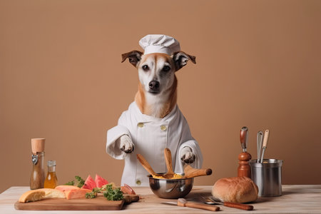dog chef, with apron and cooking utensils, preparing delicious meal for loyal companion, created with generative aiの素材