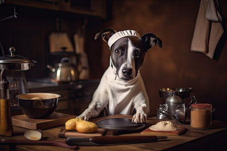 dog chef, with apron and cooking utensils, preparing delicious meal for loyal companion, created with generative aiの素材