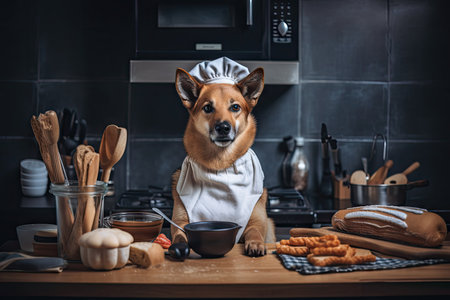 dog chef, with apron and cooking utensils, preparing delicious meal for loyal companion, created with generative aiの素材
