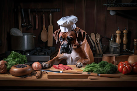 dog chef, with paws on board and knife in hand, preparing ingredients for paw-bidden meal, created with generative aiの素材
