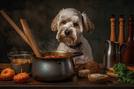 dog chef, stirring a simmering pot of soup, with ingredients and spices visible, created with generative aiの素材