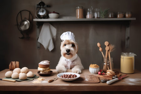dog chef, using creative techniques and ingredients to bring out the flavor of delicious cookie, created with generative aiの素材
