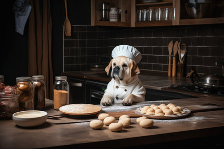 dog chef, using creative techniques and ingredients to bring out the flavor of delicious cookie, created with generative aiの素材