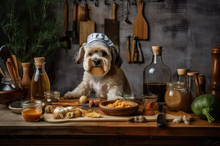 dog chef, mixing up fresh and creative mixture of ingredients for new recipe, created with generative aiの素材