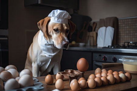dog chef whisking eggs and tasting for seasoning before preparing breakfast, created with generative aiの素材