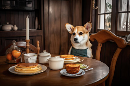 dog chef with plate of piping-hot pancakes, ready for the familys morning breakfast, created with generative aiの素材