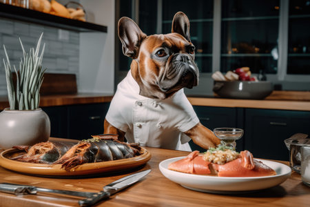 dog chef using cutting-edge culinary techniques, serving seafood dish with unique twist, created with generative aiの素材