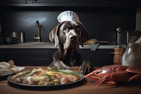 dog chef using cutting-edge culinary techniques, serving seafood dish with unique twist, created with generative aiの素材