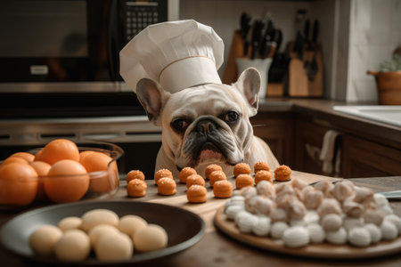 dog chef preparing a variety of delectable treats, including cookies, cupcakes & french macaroons, created with generative aiの素材