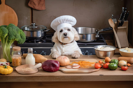 dog chef, with eyes closed and paws moving in time to music, makes fresh and healthy meal, created with generative aiの素材
