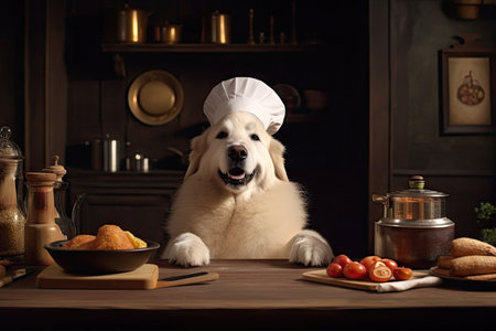 dog chef, with eyes closed and paws moving in time to music, makes fresh and healthy meal, created with generative aiの素材