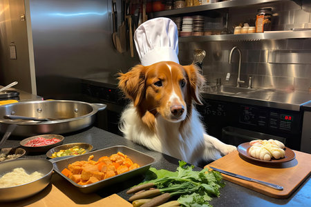 dog chef, with eyes closed and paws moving in time to music, makes fresh and healthy meal, created with generative aiの素材