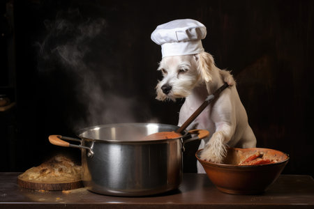 dog chef, wearing a tall white hat, stirring large pot of hearty stew, created with generative aiの素材