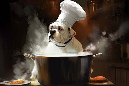 dog chef, wearing a tall white hat, stirring large pot of hearty stew, created with generative aiの素材