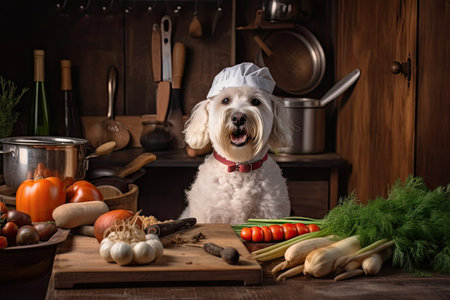 dog chef, vegetables for delicious homemade meal, created with generative aiの素材