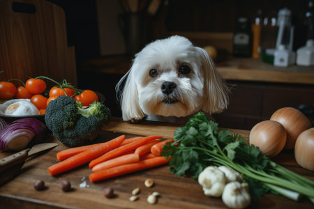 dog chef, vegetables for delicious homemade meal, created with generative aiの素材