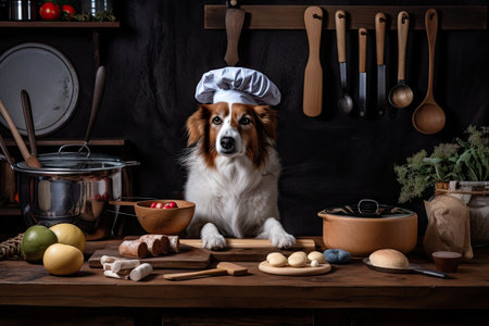 dog chef, with ingredients and cookware at the ready, preparing meal for owner, created with generative aiの素材