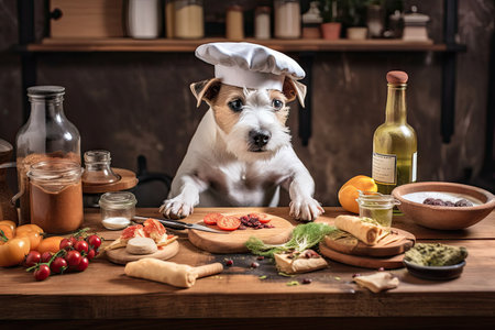 dog chef with ingredients, preparing feast for furry friend, created with generative aiの素材
