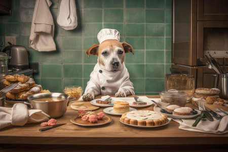dog chef preparing meal for special occasion, such as a birthday party, created with generative aiの素材