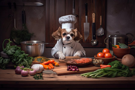 dog chef preparing a healthy, nutritious meal of vegetables and meat, created with generative aiの素材