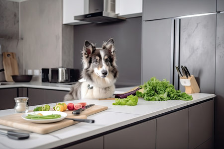 dog chef preparing fresh and nutritious meal for their pet in modern kitchen, created with generative aiの素材