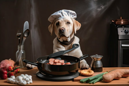 dog chef, with sizzling pan and ingredients, cooking up delicious treat for pup, created with generative aiの素材