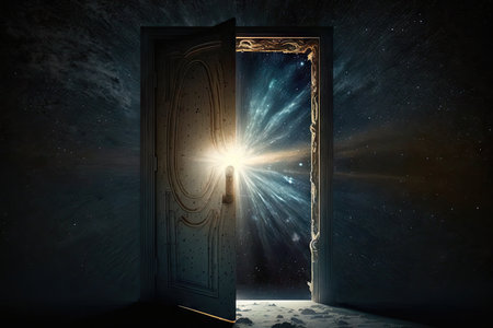 door, with heavenly light shining through, against starry night sky, created with generative aiの素材