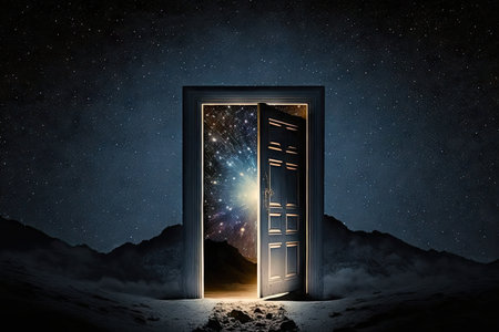 door, with heavenly light shining through, against starry night sky, created with generative aiの素材