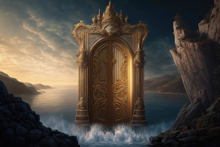 a large, ornate door inlaid with gold and jewels standing before a breathtaking view of the afterlife, created with generative aiの素材