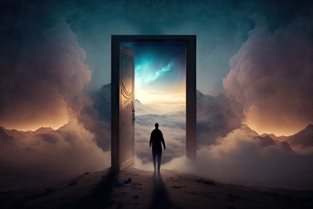 person, walking through the doors of heaven, with view of peaceful and serene landscape visible in the background, created with generative aiの素材