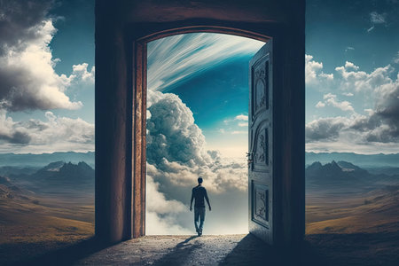 person, walking through the doors of heaven, with view of peaceful and serene landscape visible in the background, created with generative aiの素材
