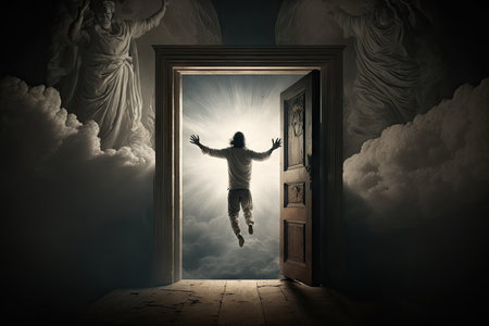 person, reaching for the door to heaven, with their past indiscretions and sins visible, created with generative aiの素材