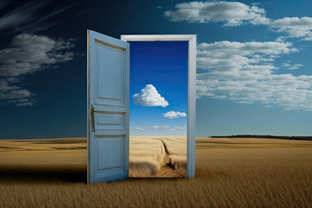 door, with view of endless fields and clear blue sky, leading to heaven, created with generative aiの素材