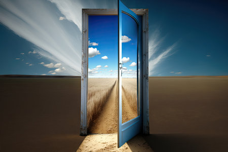 door, with view of endless fields and clear blue sky, leading to heaven, created with generative aiの素材
