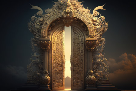 a majestic door, with intricate carvings and shining gold, leading to heaven, created with generative aiの素材