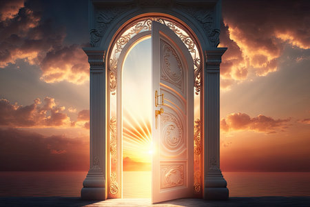 heavenly door, with sunrise or sunset in the background, symbolizing the beginning of a new day, created with generative aiの素材