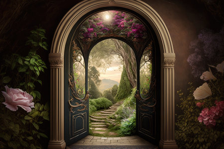 heavenly door, with view of a peaceful and serene garden, created with generative aiの素材
