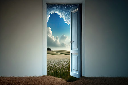 door, with view of peaceful meadow, leading to heaven, created with generative aiの素材