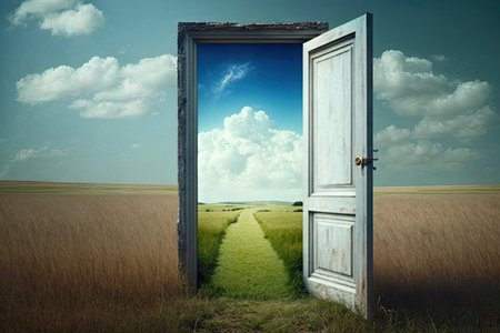 door, with view of peaceful meadow, leading to heaven, created with generative aiの素材