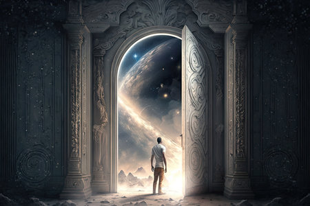 person, with their eyes closed, standing in front of beautiful and majestic door to heaven, created with generative aiの素材