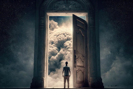 person, with their eyes closed, standing in front of beautiful and majestic door to heaven, created with generative aiの素材