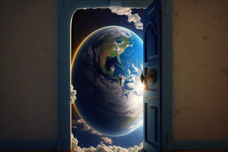door to heaven, with view of the earth, showing that heaven is about more than just spiritual healing and peace, created with generative aiの素材