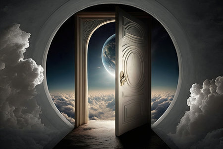door to heaven, with view of the earth, showing that heaven is about more than just spiritual healing and peace, created with generative aiの素材