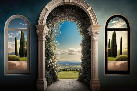 door, with view of peaceful garden and clear skies, leading to eternal paradise, created with generative aiの素材