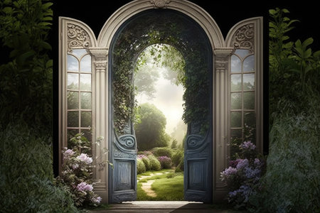 heavenly door, with view of beautiful garden and peaceful setting, created with generative aiの素材